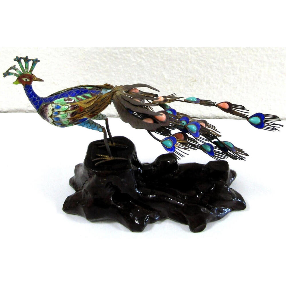 Antique Chinese Silver Gilt Cloisonne Jeweled Peacock Bird Sculpture 19th C. - Picture 2 of 16